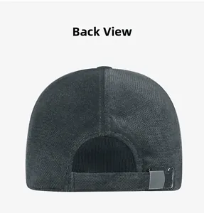 Back view of gray corduroy baseball cap showing adjustable strap and metal buckle