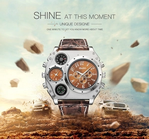 Macro view of Oulm multi-timezone watch dial with built-in compass and thermometer