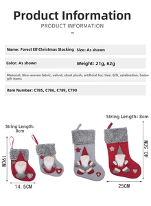 Detailed size specifications for red and grey gnome Christmas stockings in two sizes