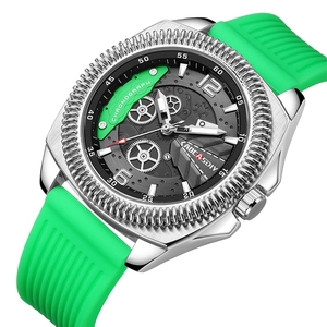 Detail view of silver men's watch featuring bright green textured strap and hollow dial
