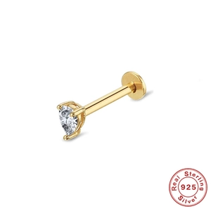 Detail of 925 sterling silver heart-shaped zircon stud earring with a flat back screw