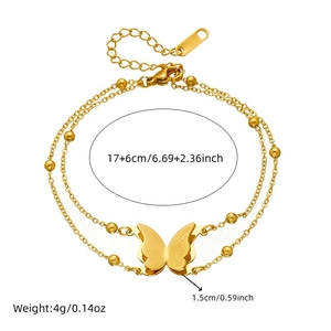 Double-layered gold stainless steel butterfly bracelet with beads and dimension details