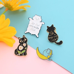 Detailed set of four enamel cat pins featuring creative animal designs on colorful background