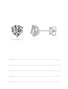 Detailed specs of 1ct round moissanite studs in 925 sterling silver with 3-prong setting