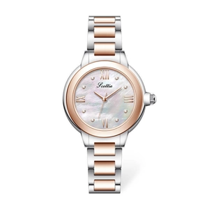 Montre femme élégante avec cadran nacre et bracelet bicolore en acier argent et or rose