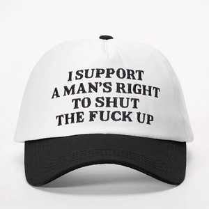 Front view of black and white baseball cap with I SUPPORT embroidered slogan