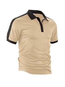Detail of breathable pique fabric on khaki polo shirt with black contrast trim