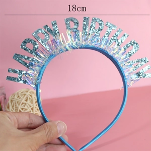 Blue Happy Birthday headband with silver glitter letters and tinsel, 18cm party accessory
