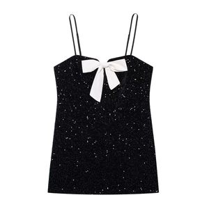 Pailletten Mini A-Lijn Spatjesjurk Met Grote Contrast 3D Strik Mouwloos Feest Elegant Zoete Stijl Voor Dames