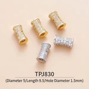 Detail of cubic zirconia micro-pave cylinder beads for jewelry making, 5x9.5mm size