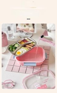 Pink microwaveable stainless steel lunch box with three compartments and cartoon lid