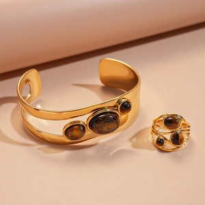 Tigerauge Stein Vergoldet Edelstahl Manschettenarmband Und Mehrlagiger Ring Vintage Schmuck Accessoire Für Frauen