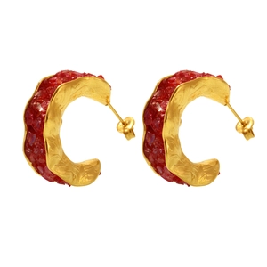 Luxury PVD gold C-shape hoop earrings with red crystal stone inlay for women