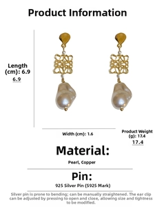 Detailed view of silver needle pearl earrings with size dimensions and weight info