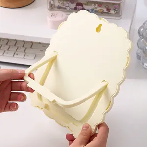 Creamy cartoon bear ears makeup mirror with adjustable folding stand for desktop use