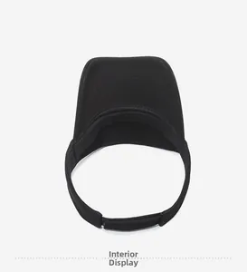Interior detail of black embroidered sun visor hat with adjustable velcro strap closure
