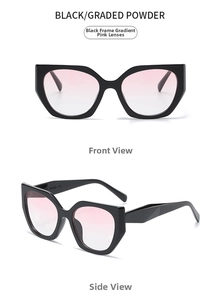 Detailansicht der Katzenaugen-Sonnenbrille mit schwarzem Rahmen und rosa Verlauf