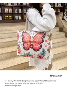 Detail of canvas tote bag featuring vibrant butterfly and floral print on white canvas