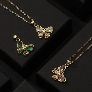 Elegant 18k gold plated butterfly pendant necklaces with green and pink gemstones