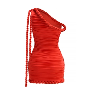 Detail of red off-shoulder dress with thick rope strap and ruched texture fabric