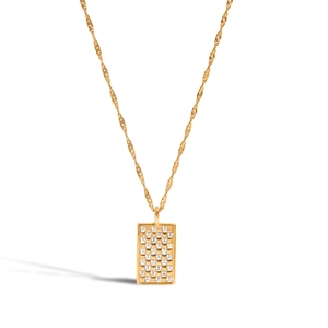 Collier Pendentif Rectangle Plaqué Or 18K Acier Inoxydable Zircon Damier Hypoallergénique Chaîne Vague Bijoux