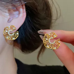 Geometric Circular Hollow C Shaped Stud Earrings Copper Zircon Silver Earring Post French Vintage Light Luxury Women
