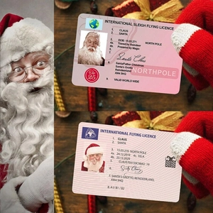 International sleigh flying licence Christmas cards with Santa Claus reindeer driver identity