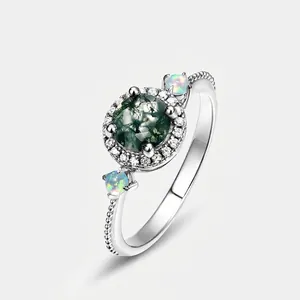 S925 Sterling Silver Moss Agate Ring For Women Round Halo Rhinestone Inlaid Alexandrite Stone Vintage Fashion Finger Jewelry