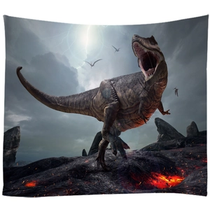 Arazzo da parete realistico con dinosauro T-Rex ruggente e scenario vulcanico