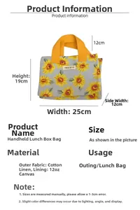 Detailed size chart for sunflower printed bento lunch bag showing dimensions and materials