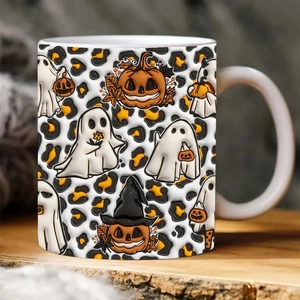 Close-up of 3D Spooky Halloween ceramic mug featuring ghosts and pumpkins on leopard print