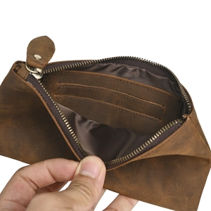 Minimalist dark brown crazy horse leather wallet with multi-card slots and zipper