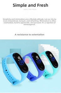 Three minimalist LED digital wristbands in light blue, dark blue, and teal silicone straps