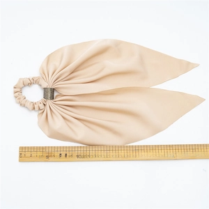 Beige silk hair scrunchie with long ribbons and rhinestone buckle, 30cm length