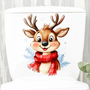 Christmas Cartoon Reindeer Toilet Sticker Waterproof PVC Decal Red Scarf Deer Bathroom Home Decor Holiday Ornament