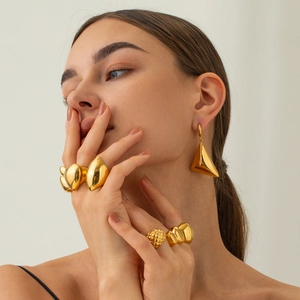 Minimalist 18k gold plated chunky oval rings and triangle earrings set for women