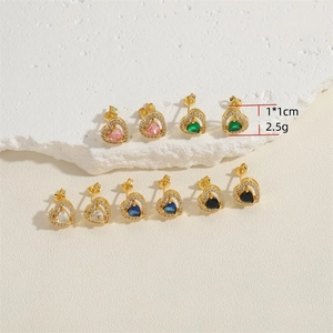 Set of 14K gold plated heart stud earrings with colorful cubic zirconia stones