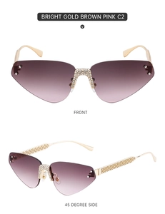Détail de lunettes de soleil sans monture avec pont en strass et verres dégradés rose