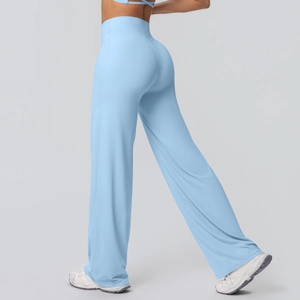 High-waisted wide-leg yoga pants in baby blue, slim-fit breathable athletic trousers