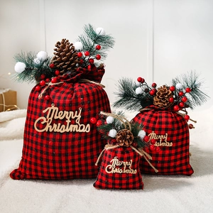 Christmas Gift Bags Buffalo Plaid Drawstring Pouches With Pine Cones Berries And Merry Christmas Wood Sign Festive Decor