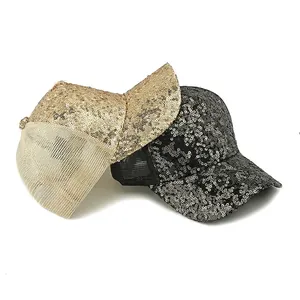 Atmungsaktive Mesh-Baseballkappen mit glänzenden Pailletten in Gold und Silber-Schwarz