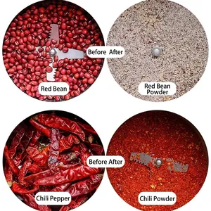 Electric grinder demonstrating fine grinding results for dried chili and red beans
