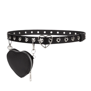 Women's punk Y2K black PU leather heart belt with detachable mini heart-shaped pouch