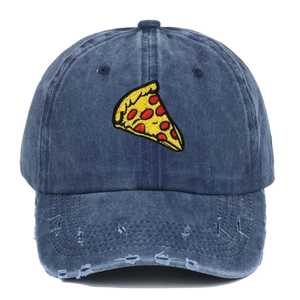 Distressed navy blue baseball cap with pizza embroidery and vintage washed denim style