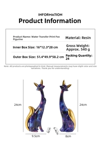 Size details of blue starry sky resin fox figurines with gold ears and dimensions