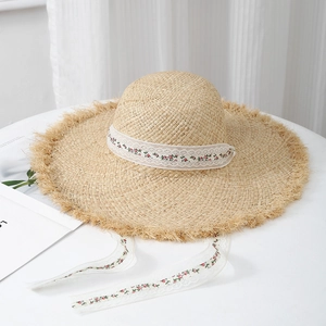 Chapeau De Soleil En Paille De Raphia À Bord Large Style Français Ruban Dentelle Broderie Florale Vacances Plage Respirant Élégant