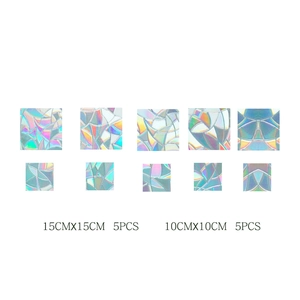 Rainbow prism static glass film showing sizes 15x15cm and 10x10cm in a multi-pack set