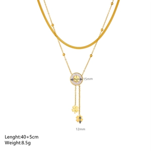 Double-layered gold titanium steel necklace with white shell flower pendants for women