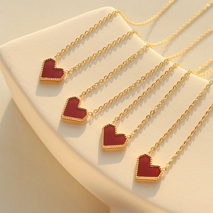 French style 18k gold plated heart pendant necklace with red enamel and beaded edge