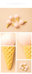 Detailed view of pink wool felt ice cream ornaments with yellow cones for DIY Christmas decor